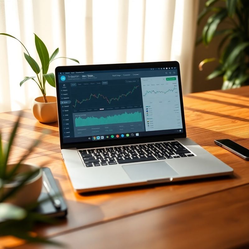 Laptop on a wooden desk showing a stone-and-mint backtesting interface